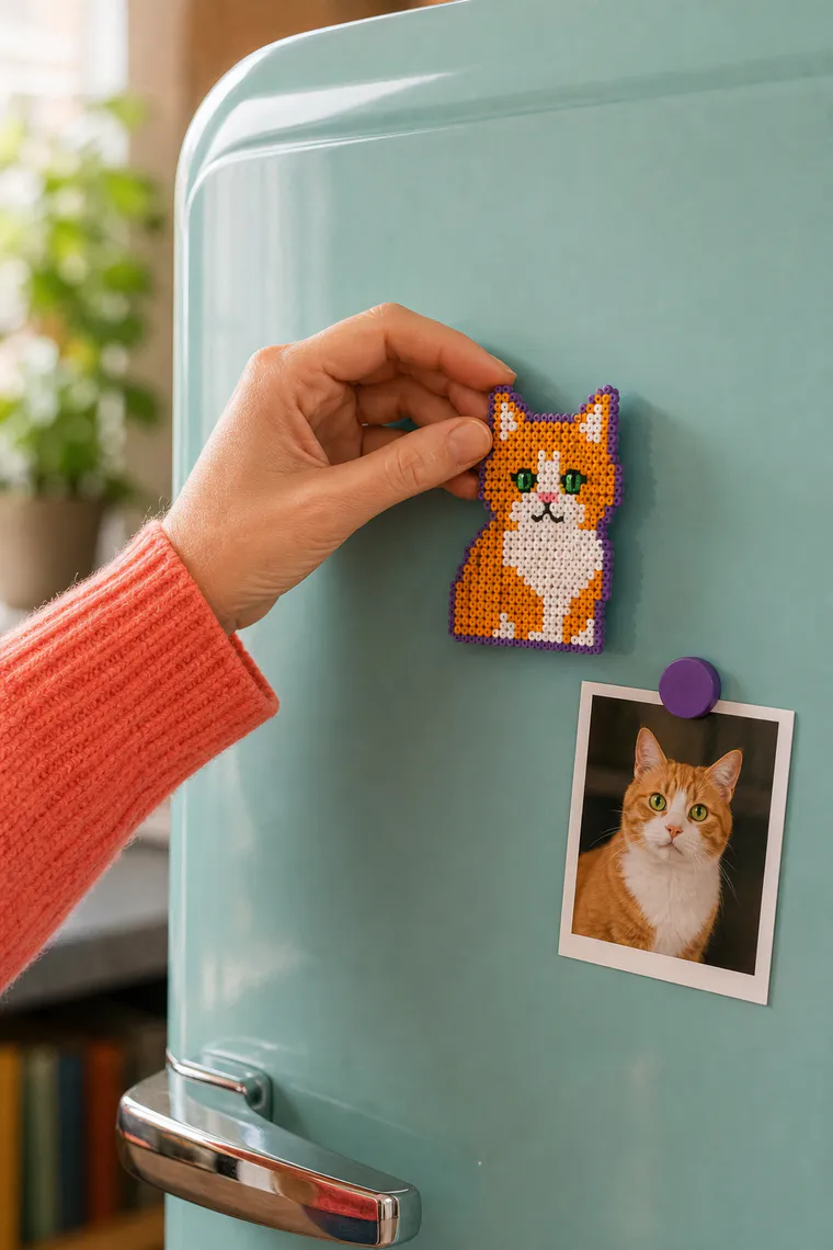 Hand placing a finished orange and white cat fuse bead magnet beside the pet photo