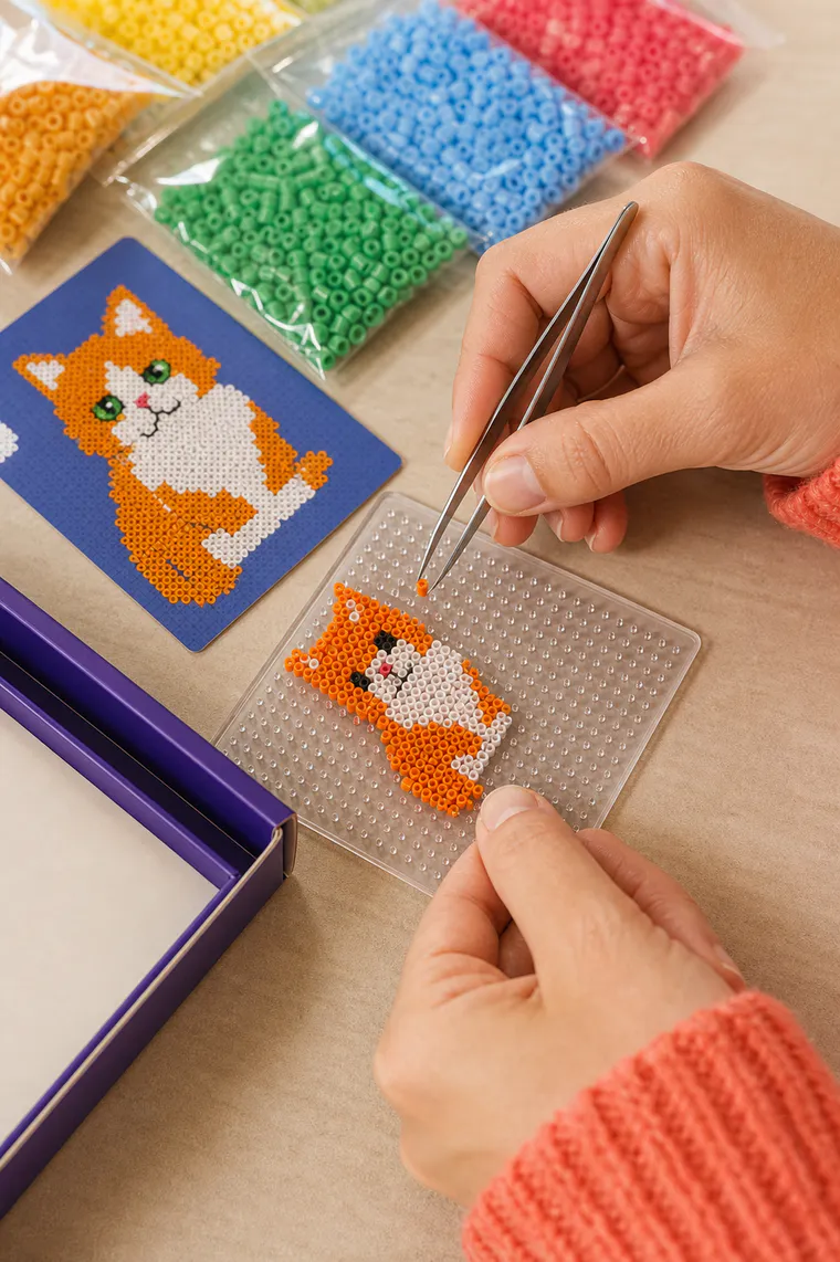 Adult hands following a cat pattern with tiny fuse beads and tweezers