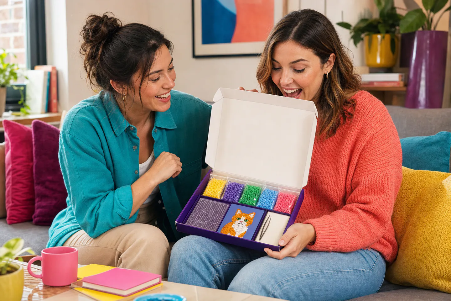 Two adult friends opening a custom cat fuse bead gift kit together
