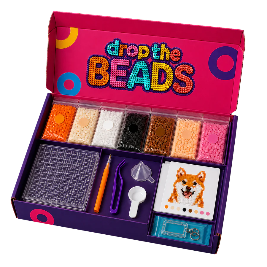Custom Shiba DIY bead kit with sorted beads, pegboard, bead pen, tweezers, funnel, scoop, ironing paper, pattern, and hardware pouch
