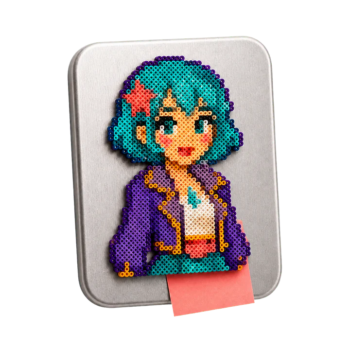 Original teal-haired mini bead character displayed as a refrigerator magnet on a brushed metal tile