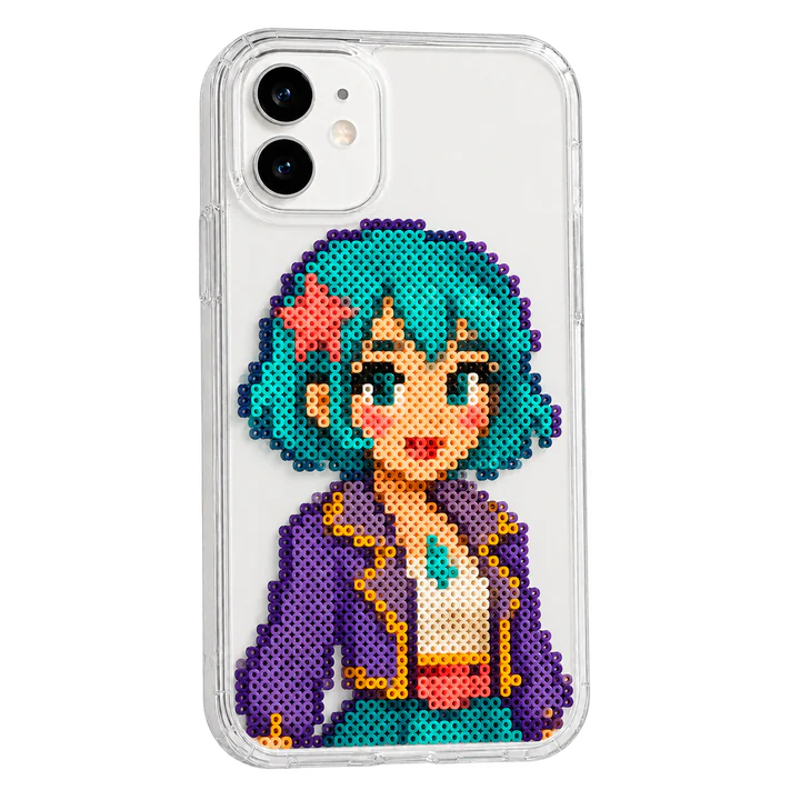 Transparent phone case decorated with an original teal-haired mini bead character