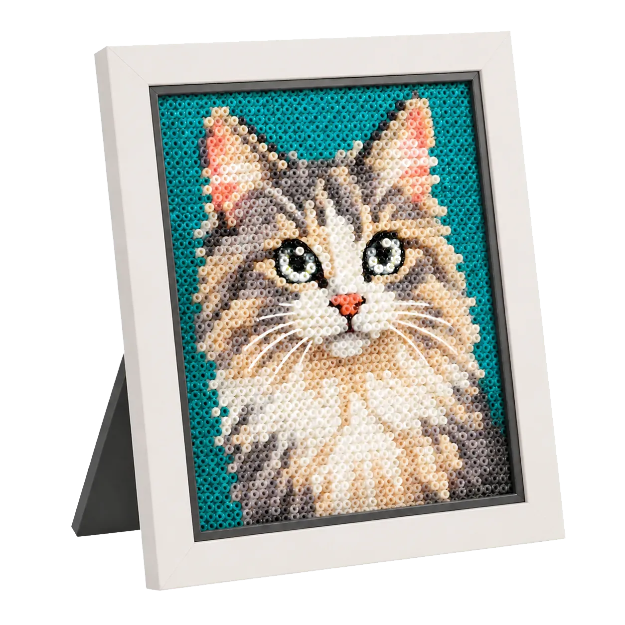 Cream and gray cat mini bead portrait displayed in a light-stone frame