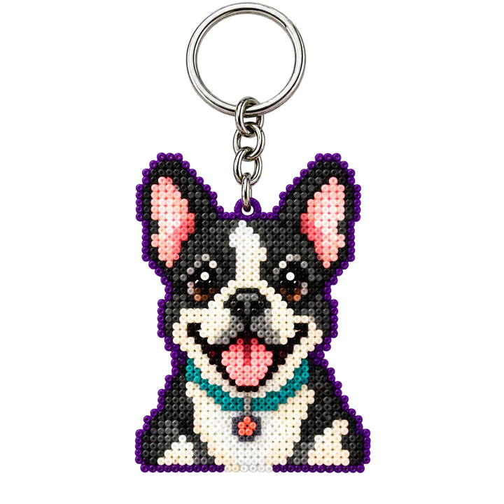Black and white French bulldog mini bead keychain with a silver ring