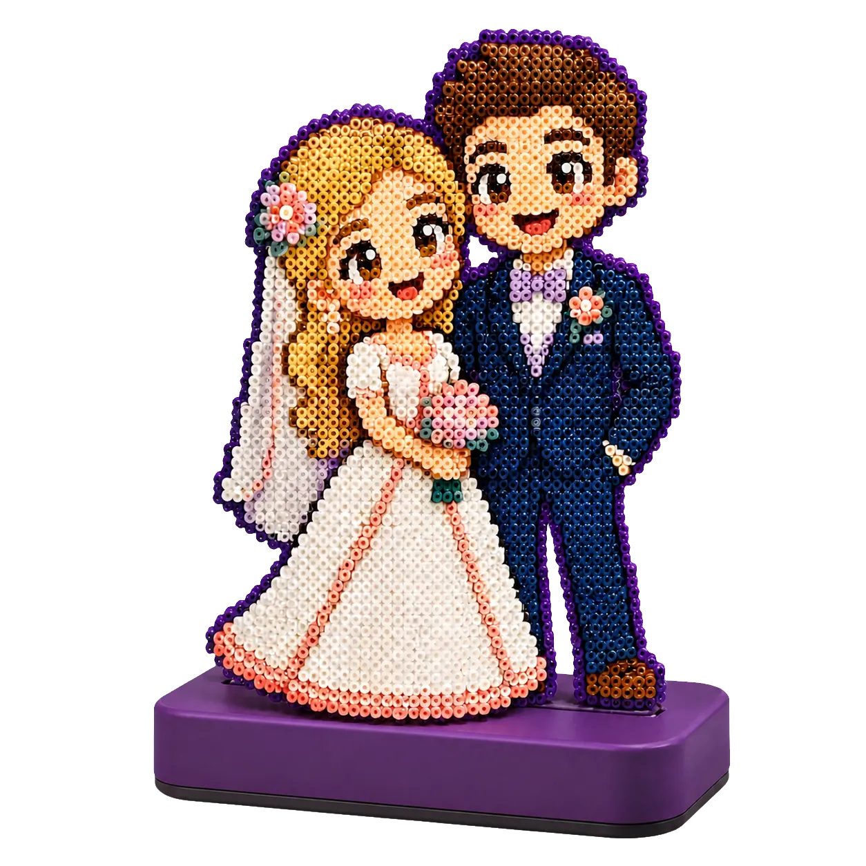 Two original cartoon newlyweds made from mini beads on the universal deep-purple display base