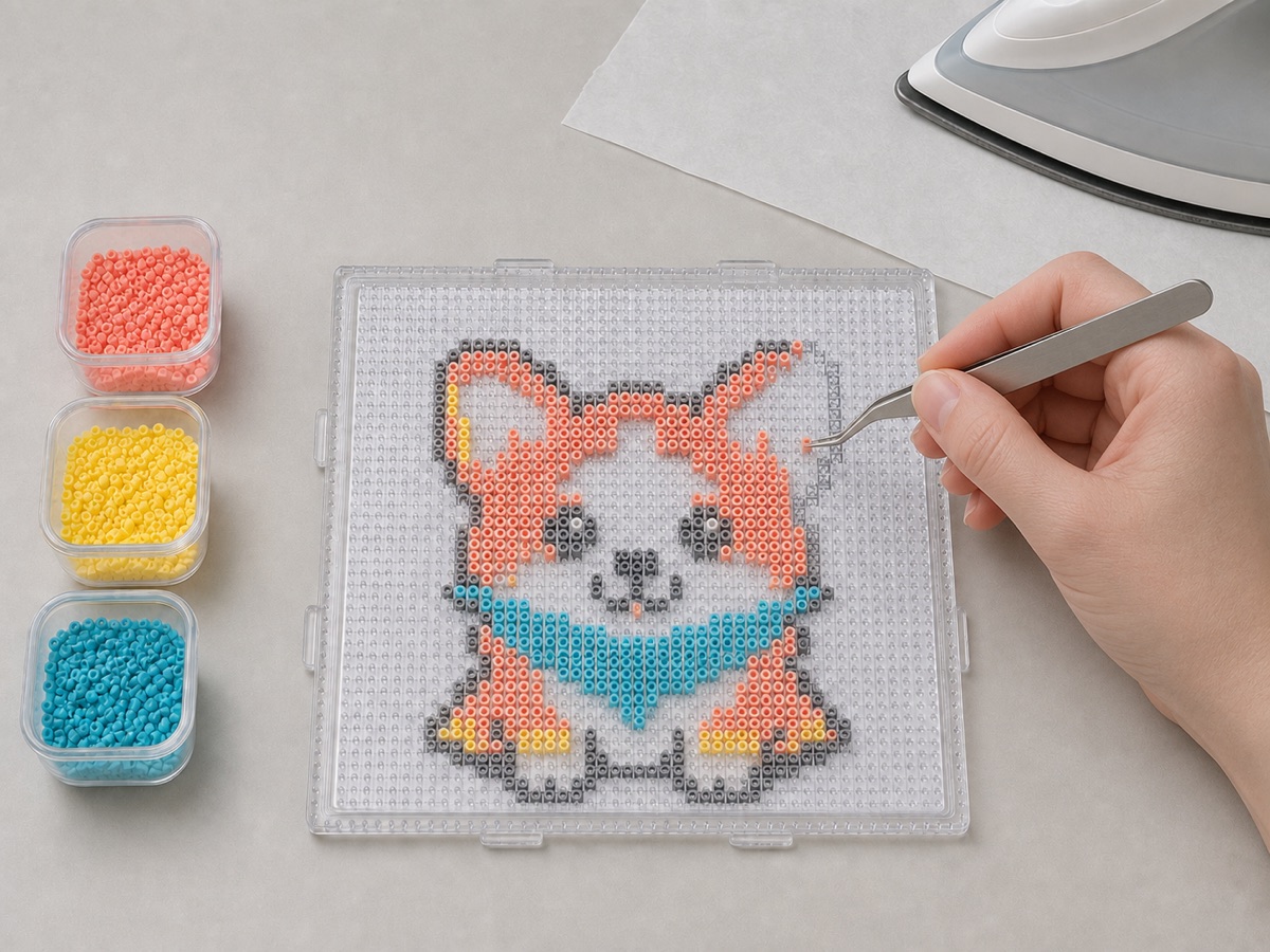 Adult hands placing tiny fuse beads with tweezers by following a pattern