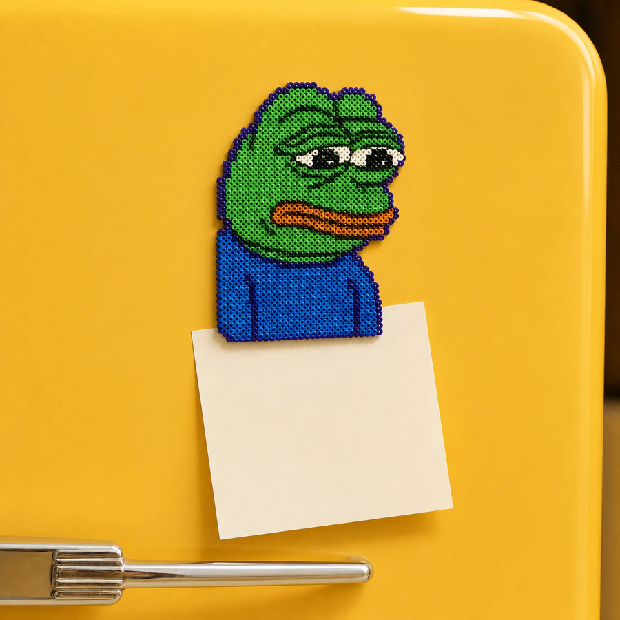 Sad frog mini fuse bead refrigerator magnet holding a blank note on a yellow fridge