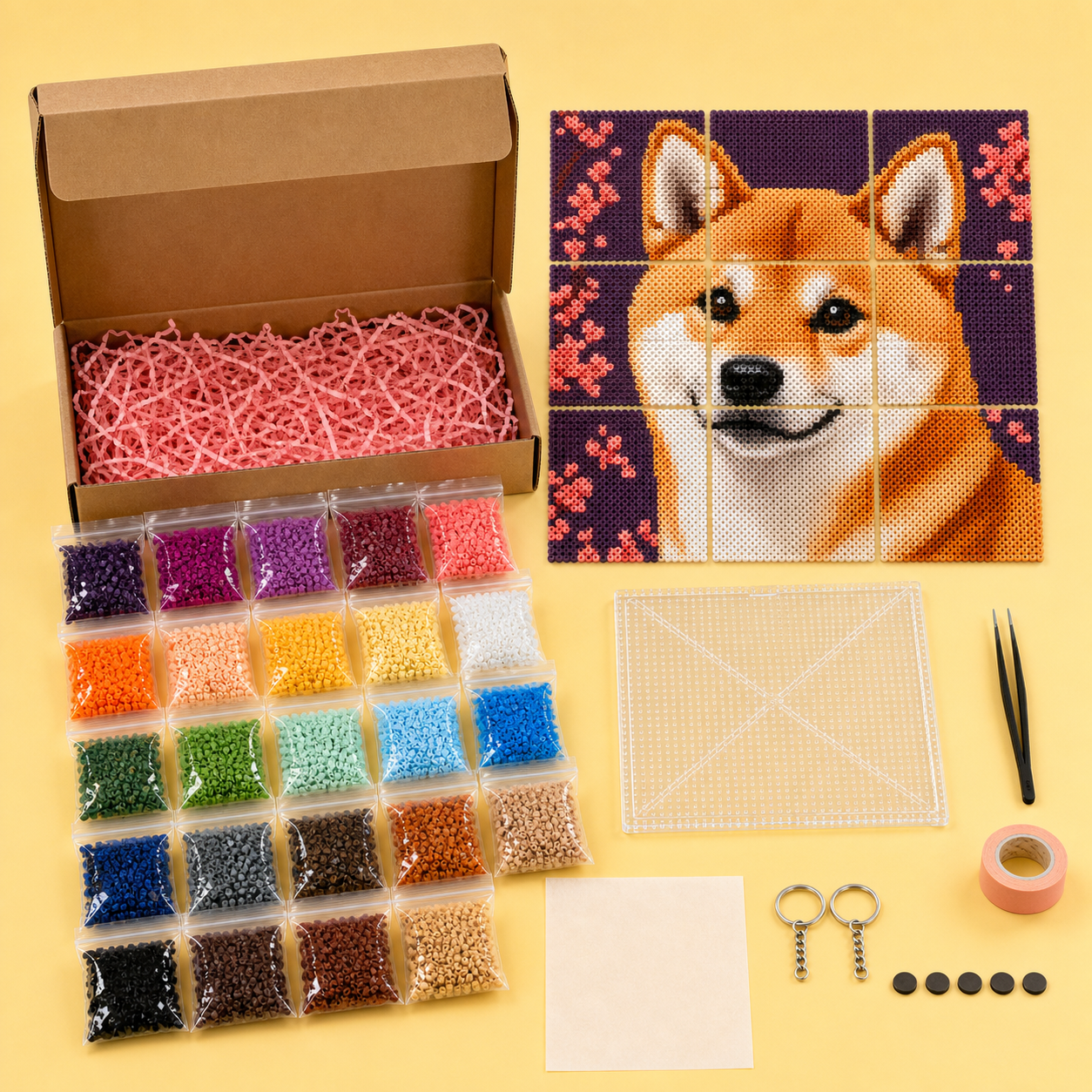Large custom pixel art fuse bead kit with a nine-board dog portrait and sorted bead packs