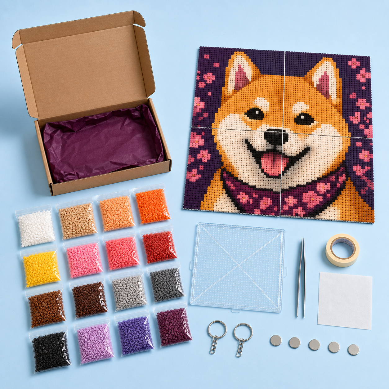 Medium custom pixel art fuse bead kit with a four-board dog portrait and sorted bead packs