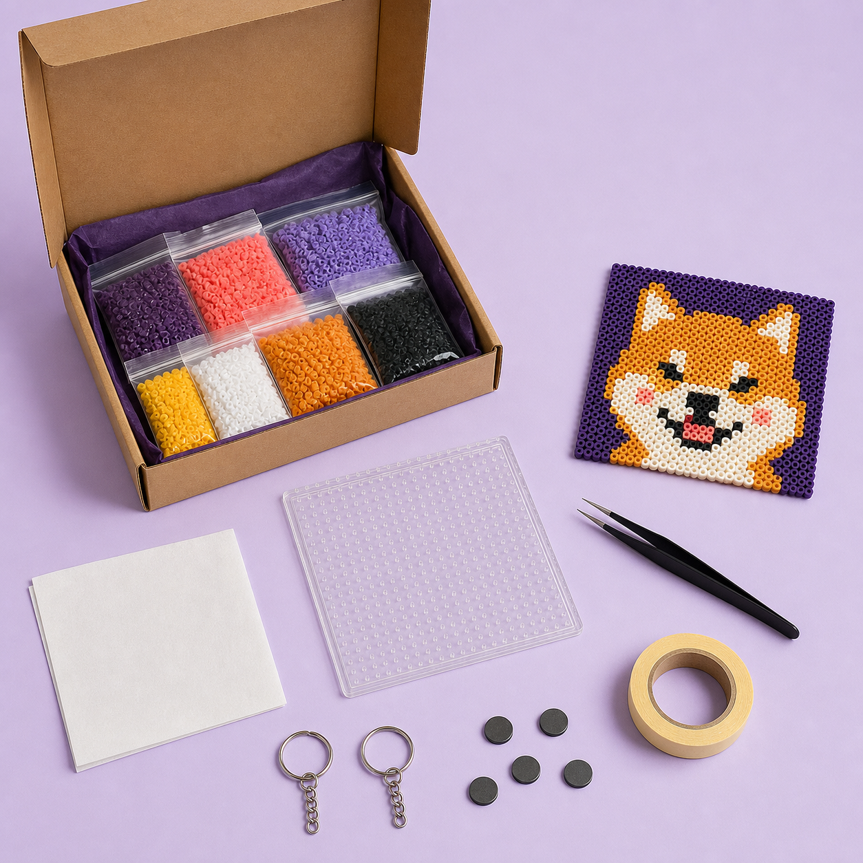 Small custom pixel art fuse bead kit with sorted beads, tools, magnets, and keychain rings