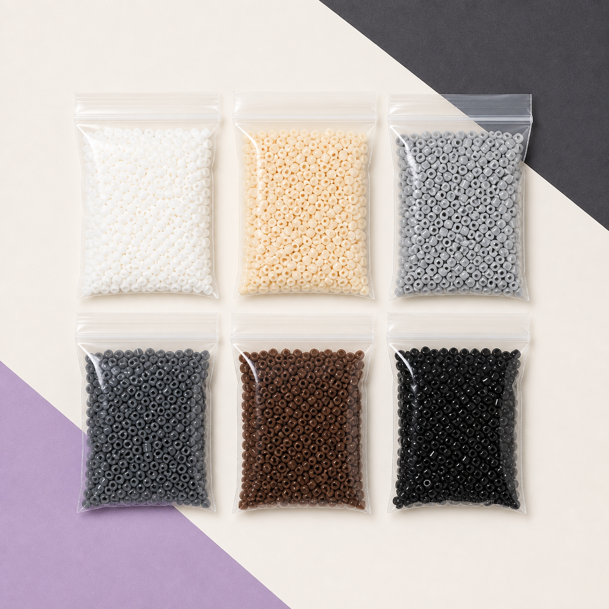 Six clear bottles of neutral color mini fuse beads