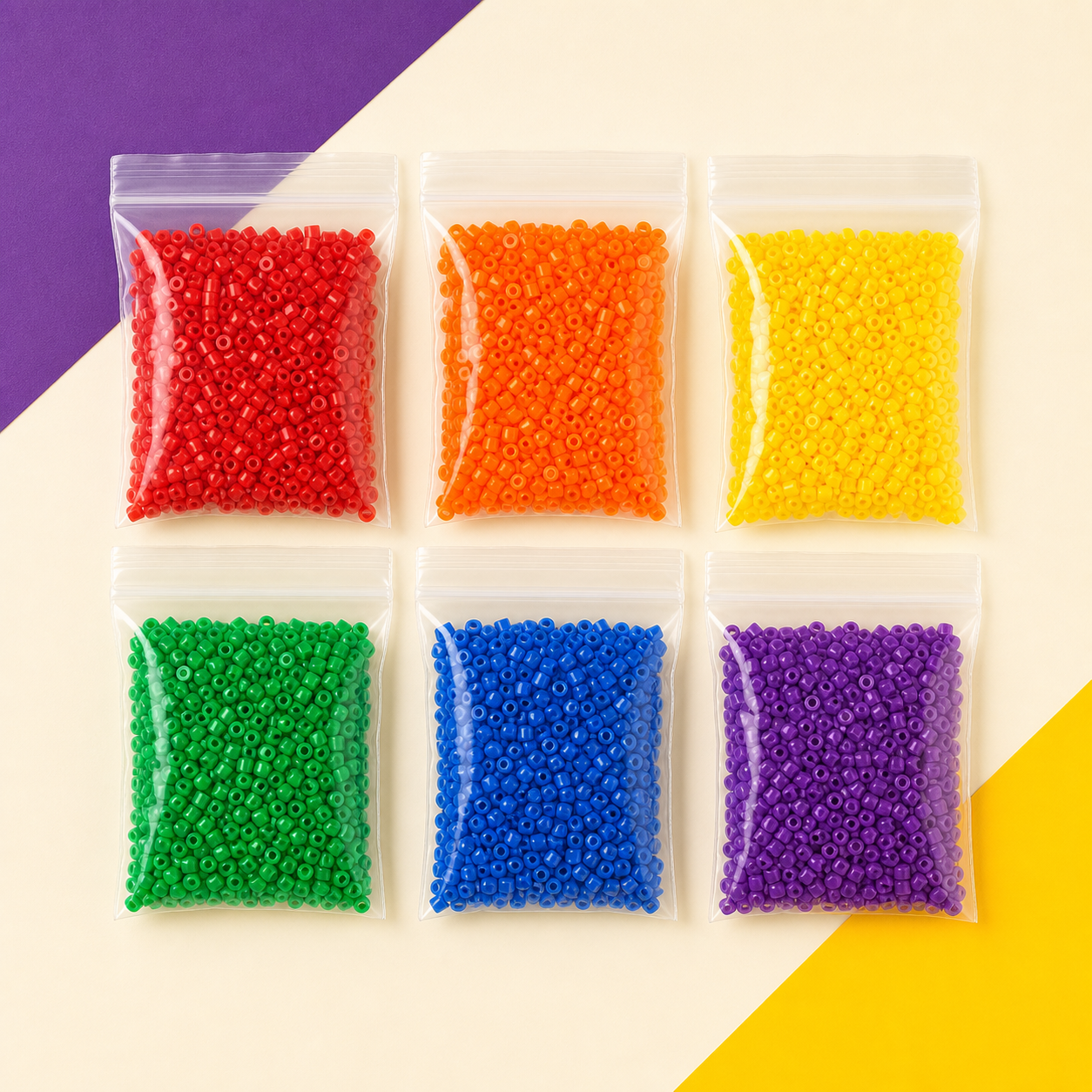 Six clear bottles of primary color mini fuse beads